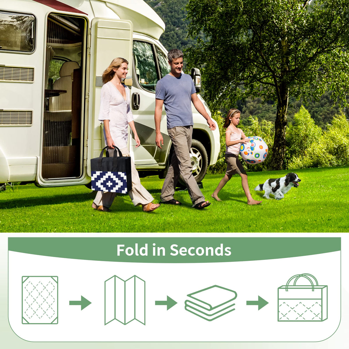 GENIMO multipurpose rug for porch, deck, balcony, or RV trips.