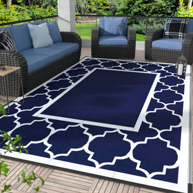 GENIMO 5x8 outdoor rug in blue and white design for a stylish patio, waterproof and durable.