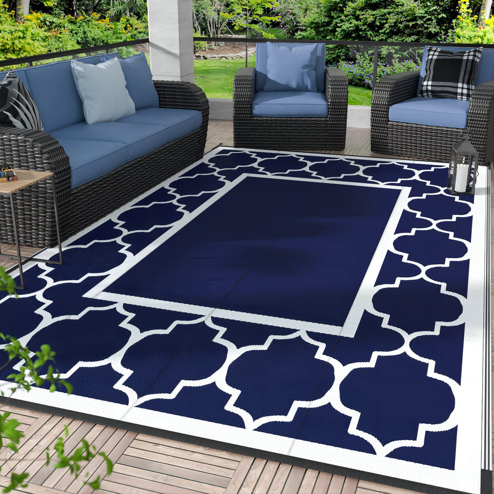 GENIMO 5x8 outdoor rug in blue and white design for a stylish patio, waterproof and durable.