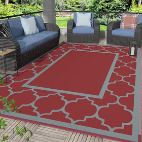 GENIMO outdoor rug 5x8 in red and grey for patio lounging and quick pack-away.