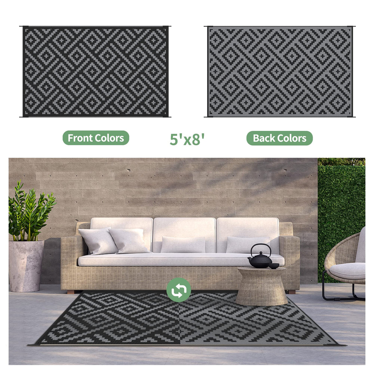 GENIMO outdoor rug close-up shows reversible patterns and durable design.