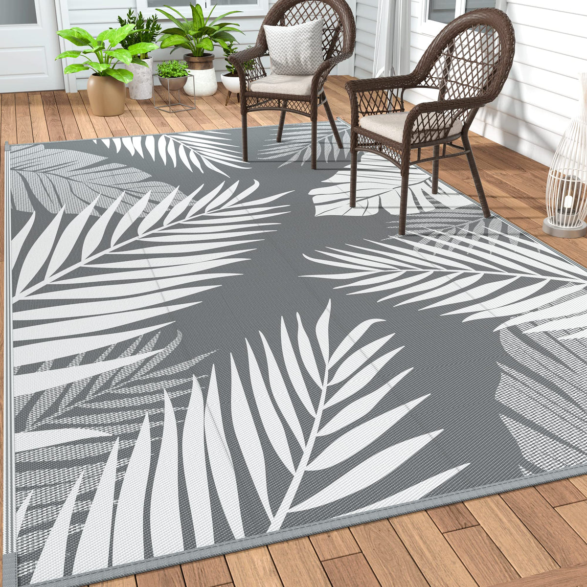 GENIMO outdoor rug 6x9 grey white palm leaf pattern for patios and decks