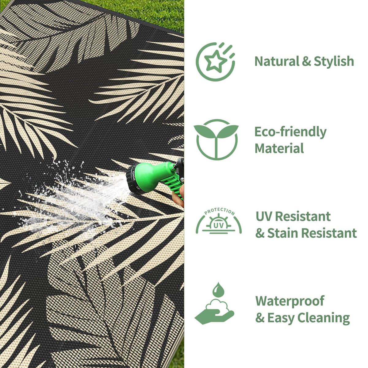 GENIMO rug comes with carry bag and stakes for secure outdoor setup on the go.