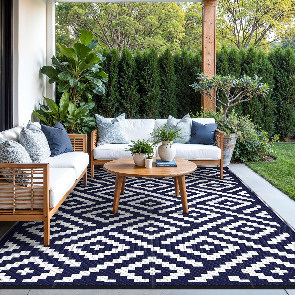 GENIMO rug used on patio and camping setup, highlighting multi-scenario versatility.