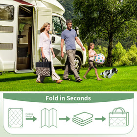 GENIMO portable rug includes stakes to secure on RV trips.