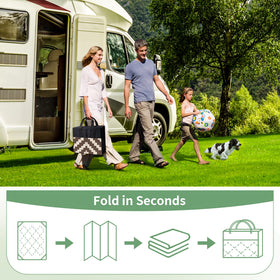 GENIMO outdoor rug folds compactly and includes a carry bag for travel