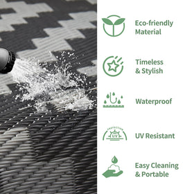 GENIMO outdoor rug at RV campsite setup for mobile living comfort.