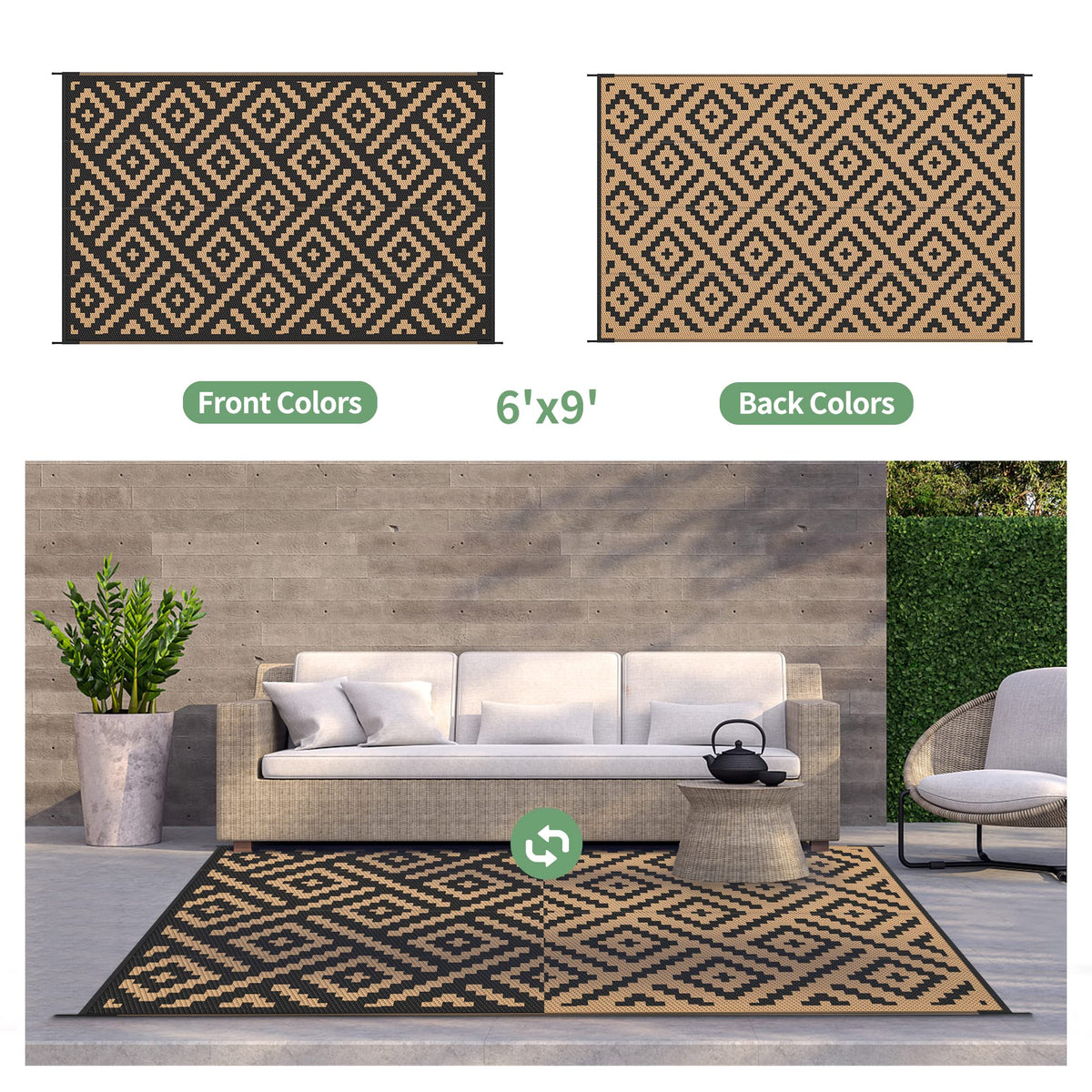 GENIMO rug with weatherproof coating withstands wind and sun.