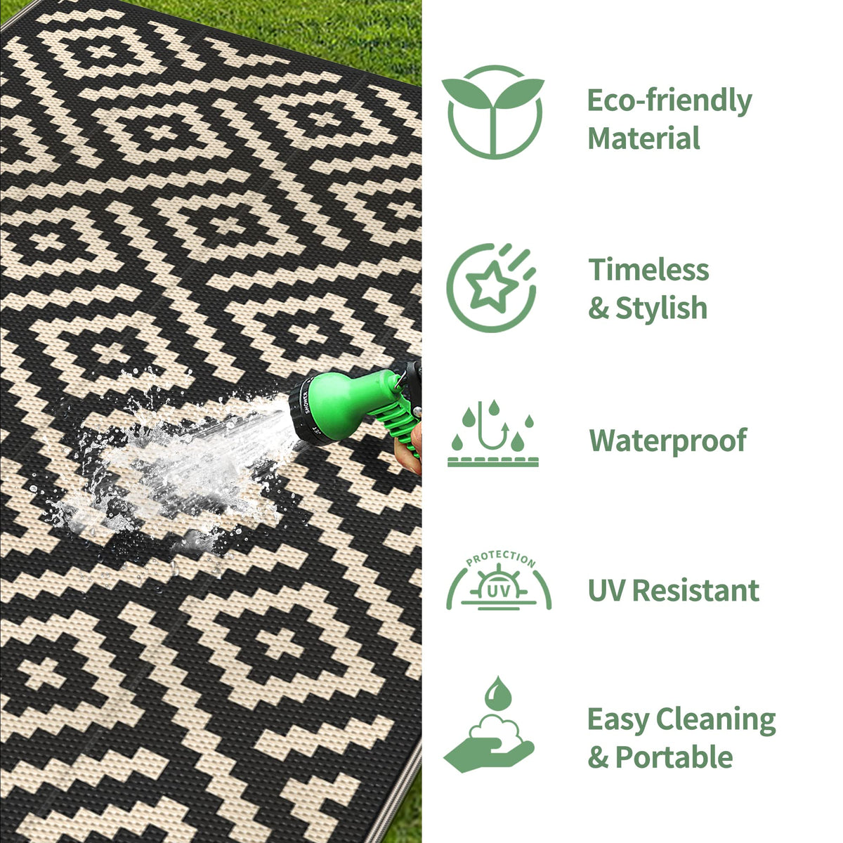 GENIMO quick-clean outdoor rug resists spills for easy maintenance.