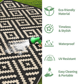 GENIMO quick-clean outdoor rug resists spills for easy maintenance.