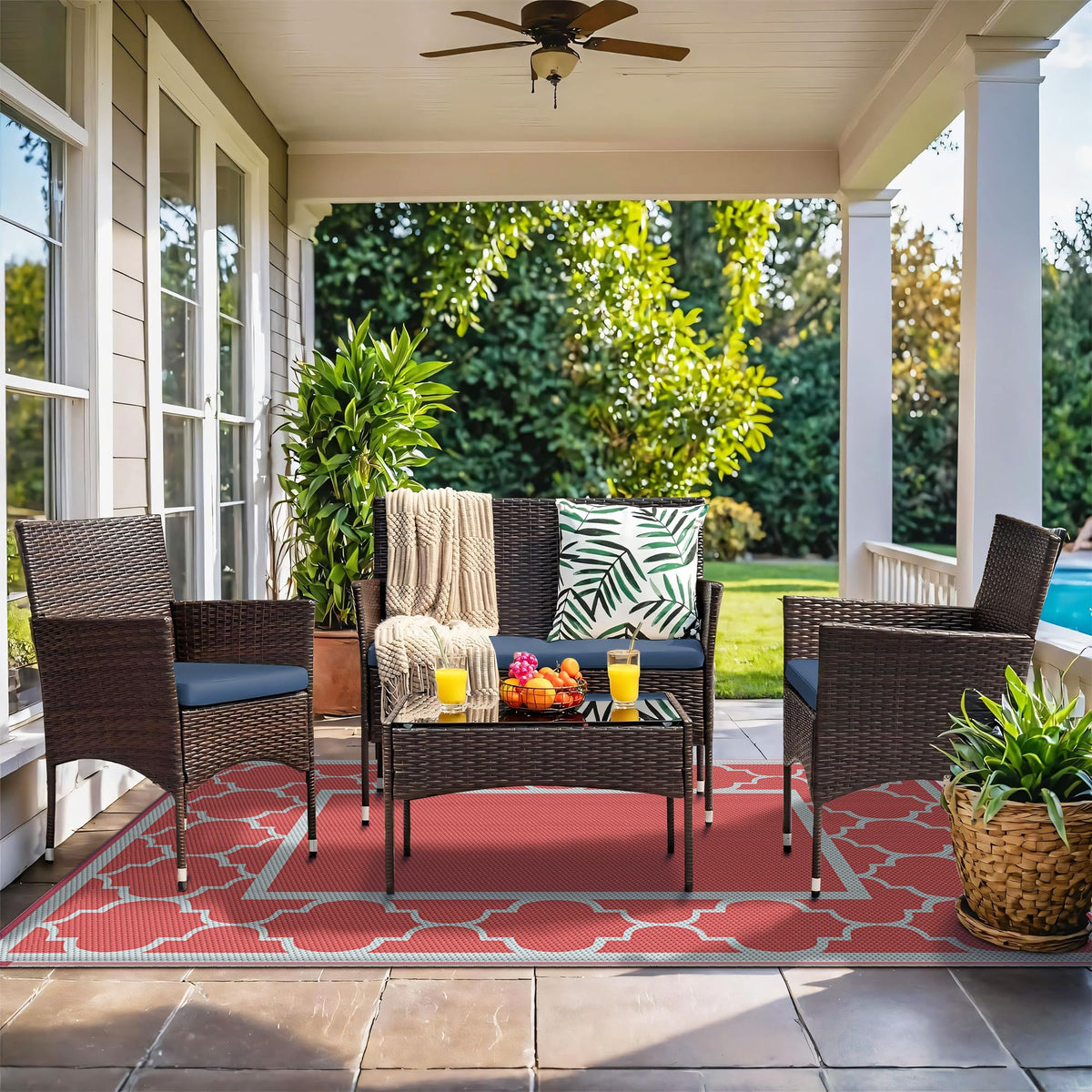 GENIMO waterproof outdoor rug keeps patios dry and clean for gatherings.