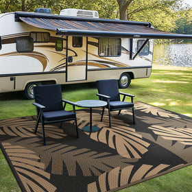 GENIMO rug, double-sided palm-leaf design, enhances outdoor decks with color versatility.