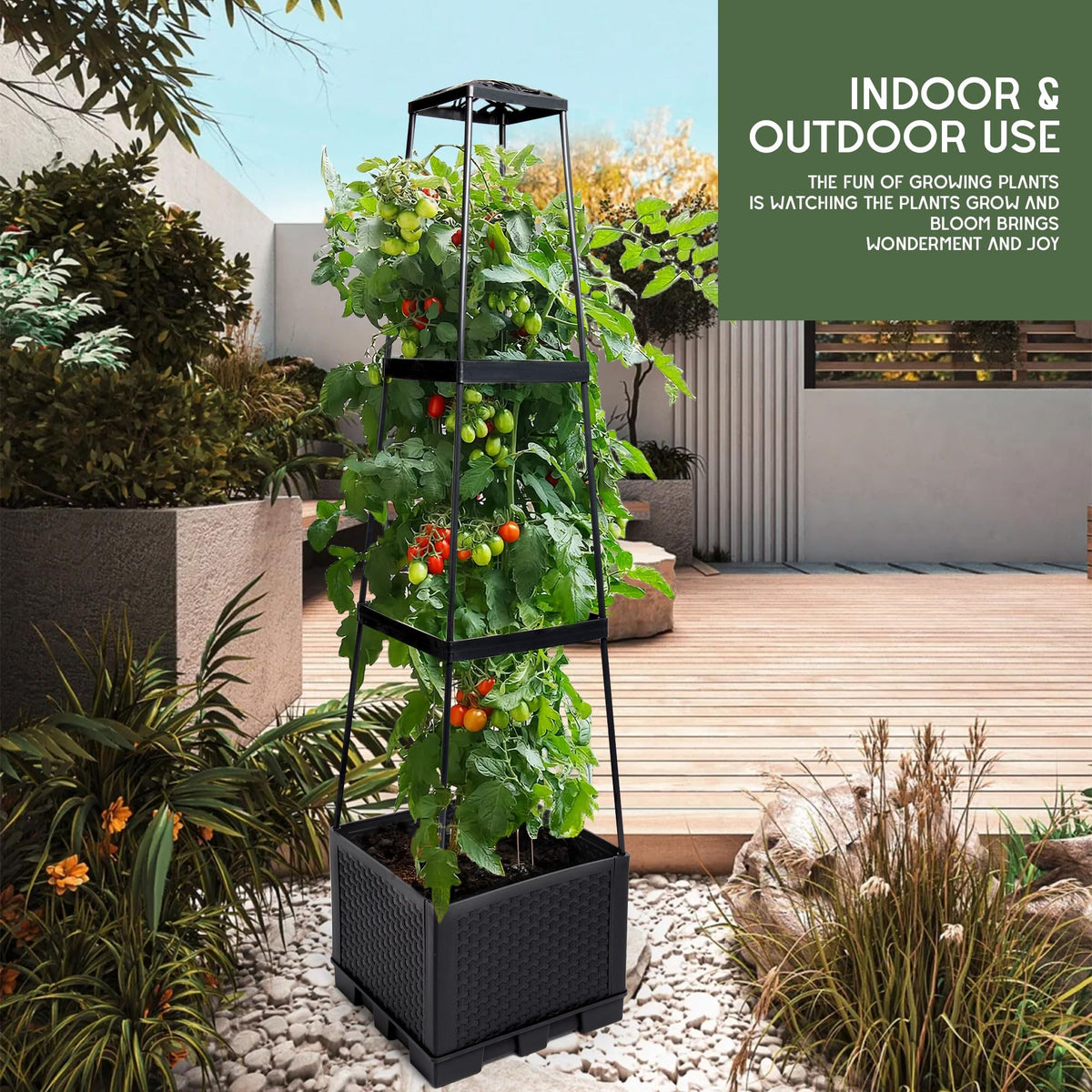 GENMOUS 3-tiered tomato planter with trellis, assembled top-down view for organized plant tiers