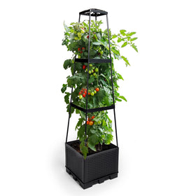 GENMOUS 3-tiered tomato planter with trellis, side view, showing compact vertical gardening potential