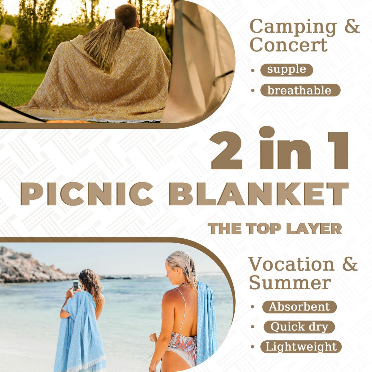 Genovega blanket beach scene highlights sand-proof seating and dry comfort