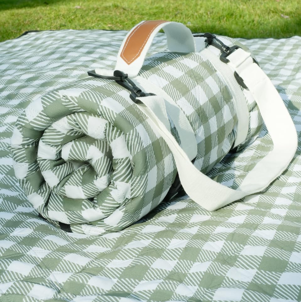 Genovega waterproof picnic blanket folded compact for easy transport.