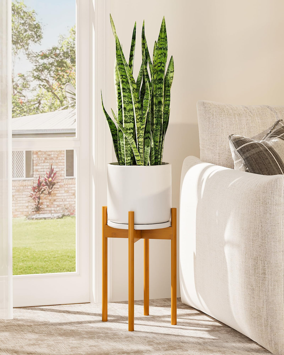 GENTINGBRO bamboo plant stand with wood finish elevates indoor decor in small spaces.