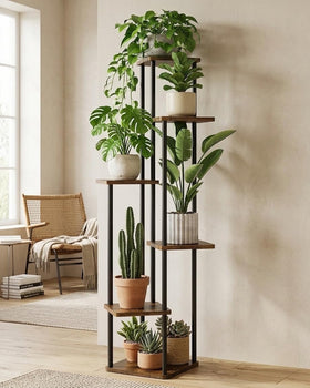 GENTINGBRO corner stand six-tier brown oak for space-saving plant display.