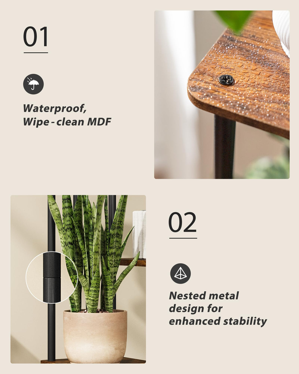 GENTINGBRO durable plant stand metal MDF closeup showing sturdy construction and shelves.