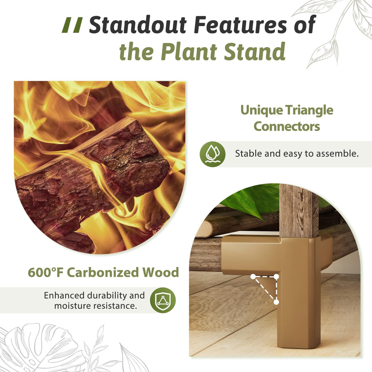 GENTINGBRO eucalyptus wood plant shelf with sturdy construction for stable plant arrangements.