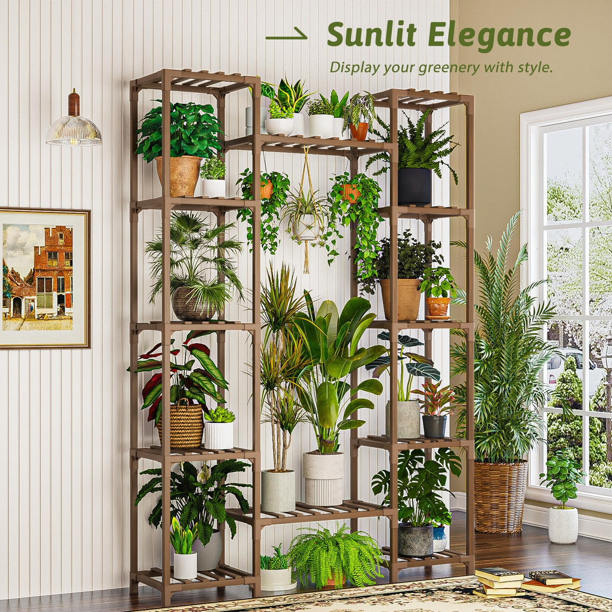 GENTINGBRO large-tiered plant shelf ideal for showcasing multiple pots in a living room.