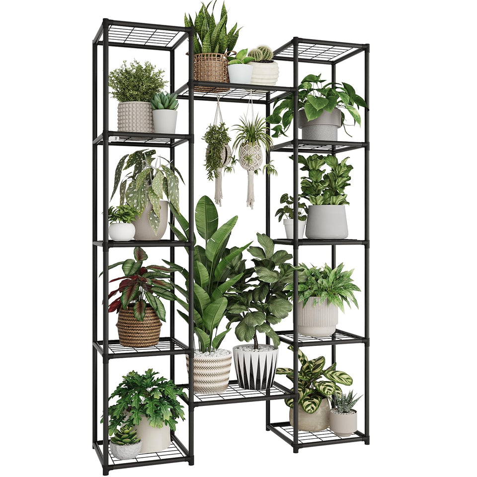 GENTINGBRO metal plant stand full view showing 12 pot capacity for vertical gardening.