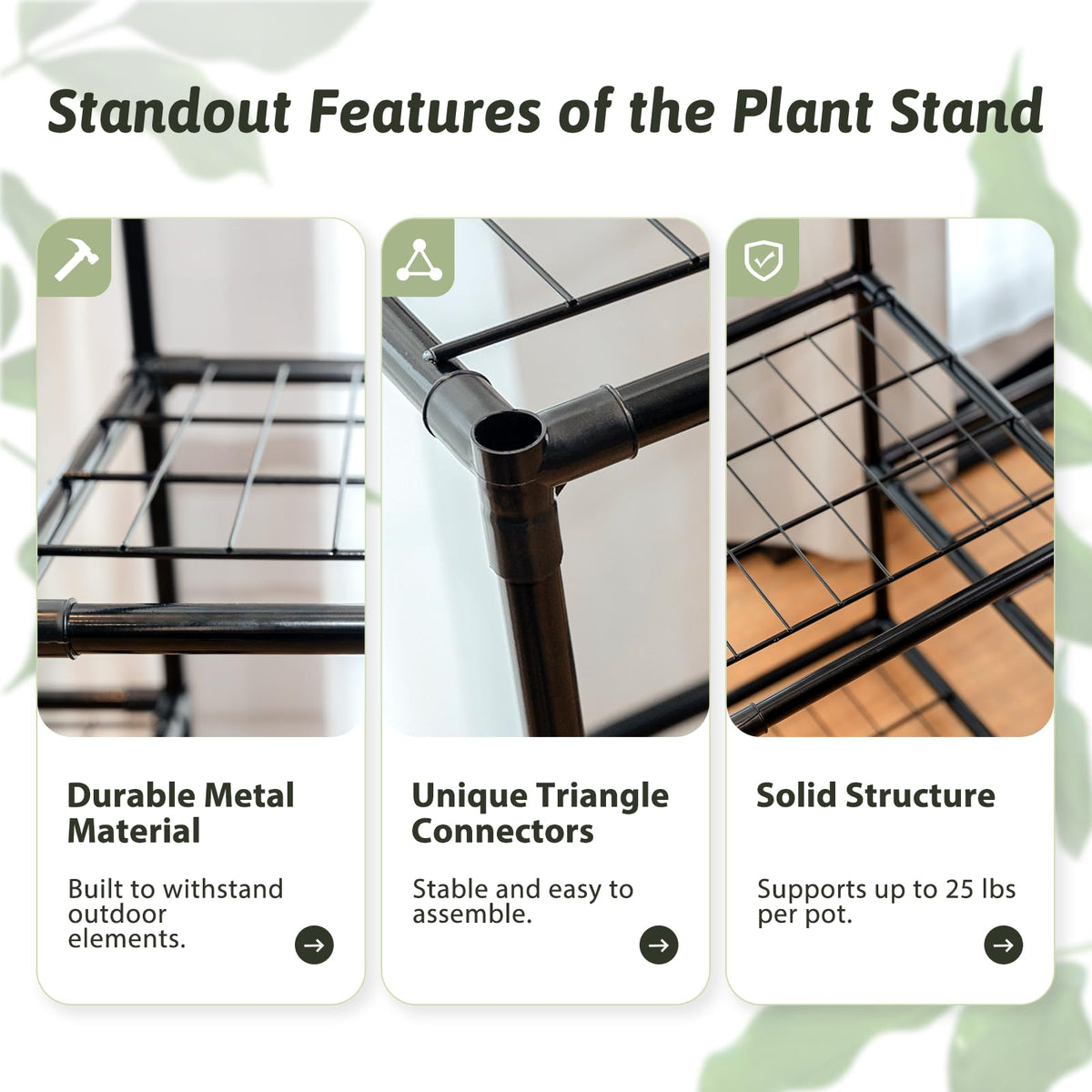 GENTINGBRO metal plant stand side-angle demonstrates sturdy base for outdoor or indoor use.