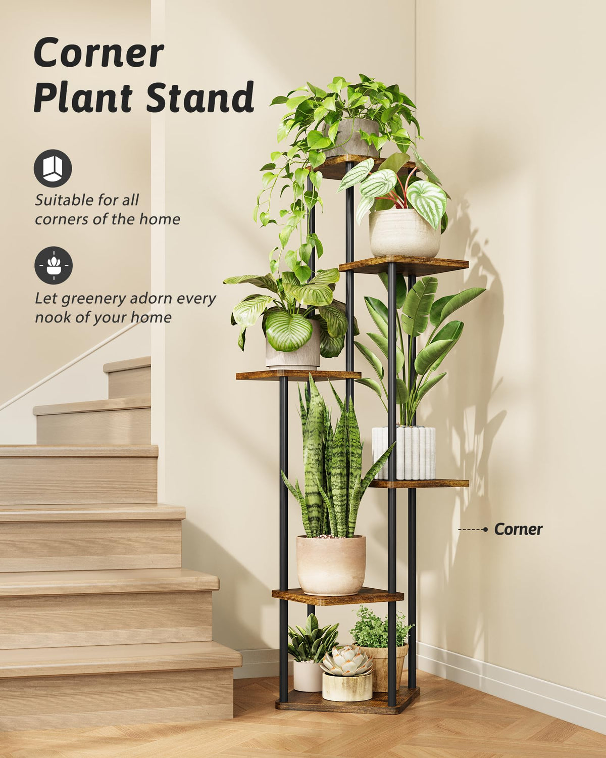 GENTINGBRO six-tier plant shelf corner display showcasing vertical greenery in small spaces.