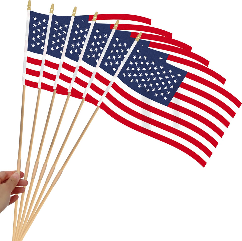 Geodurn American flag 12x18 handheld on wooden sticks, ideal for parades and ceremonies.