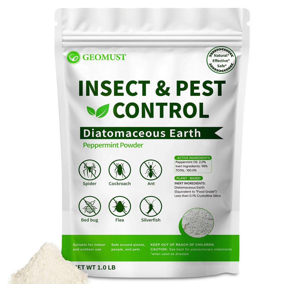Geomust diatomaceous earth powder bottle for natural pest control indoors