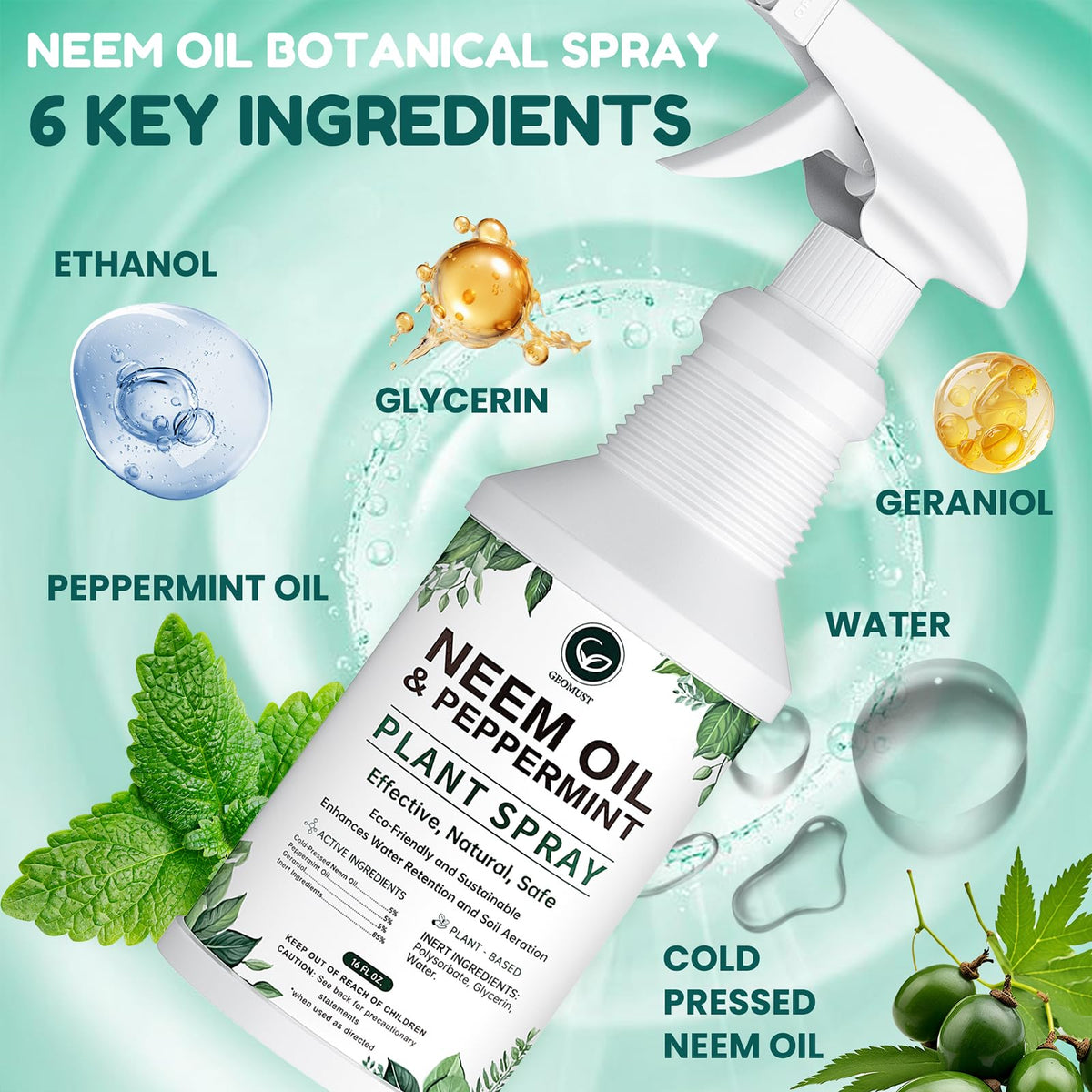 Geomust Neem Oil Spray peppermint aroma freshens gardens while protecting foliage.