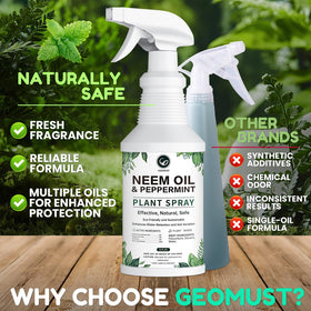 Geomust Neem Oil Spray label closeup highlights cold-pressed formula.