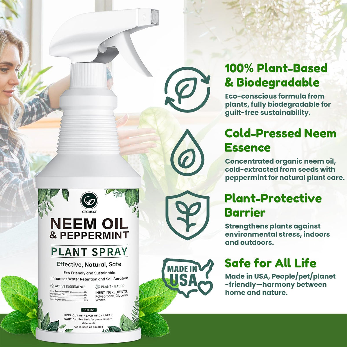 Geomust Neem Oil Spray leaf closeup shows natural protection for foliage.