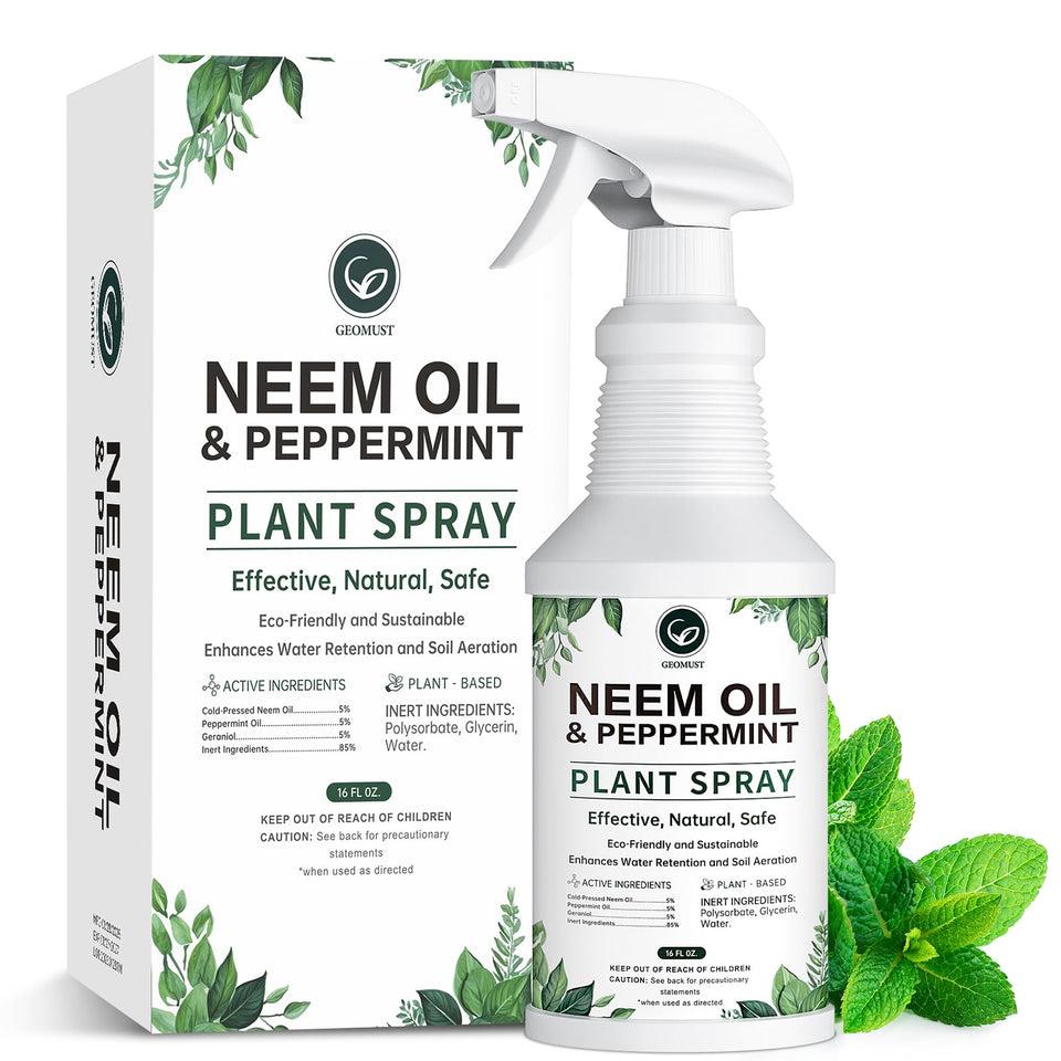 Geomust Neem Oil Spray bottle with peppermint supports plant vitality and pest deterrence.