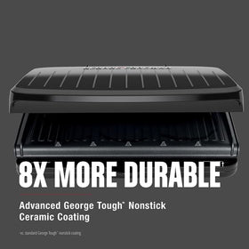 George Foreman indoor-outdoor use supports year-round grilling.
