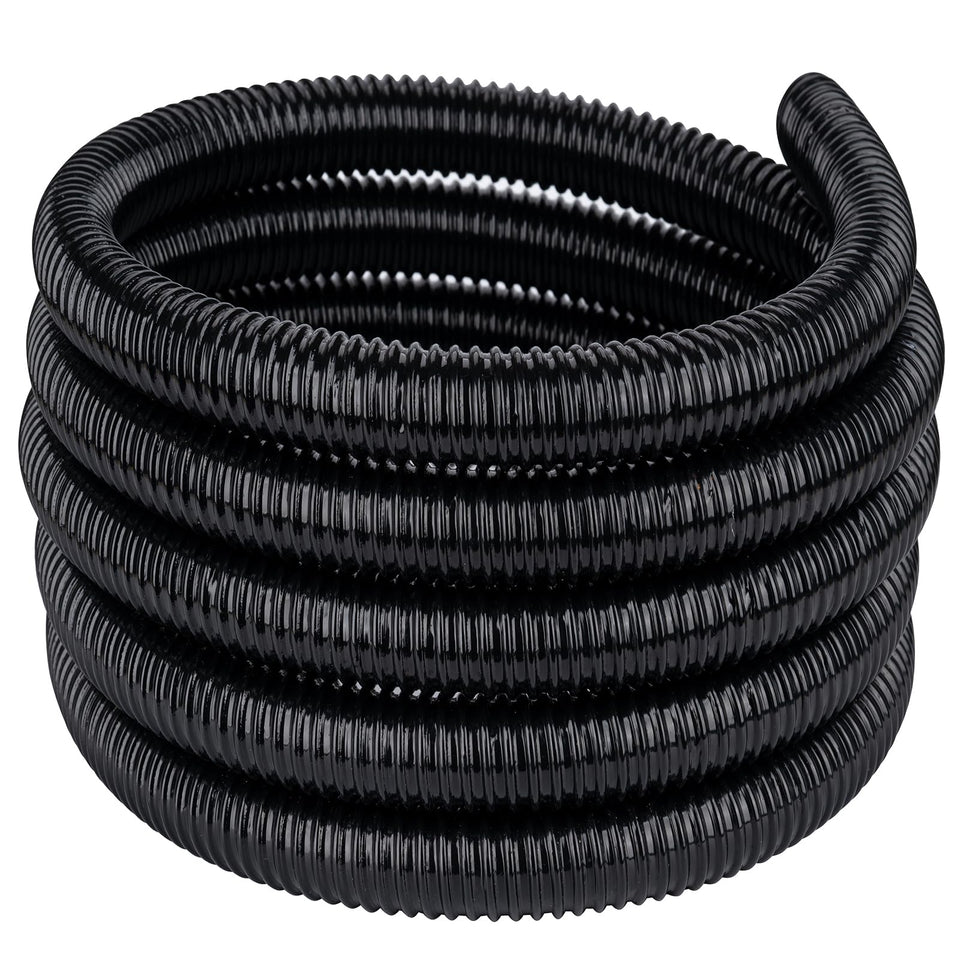 Geowaky pond tubing 1in 10ft black shown in a garden pond setup for steady water flow.