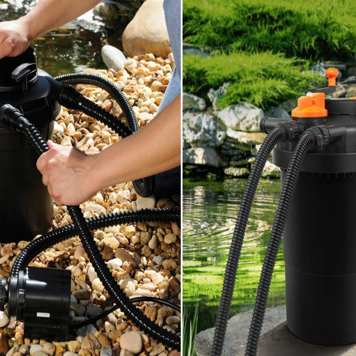 Geowaky pond-waterfall-hose-use shows versatile setup for features.