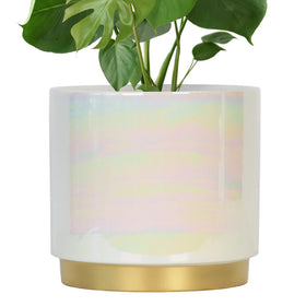 Gepege white ceramic planter with rainbow pearl glaze, 9.6-inch, ideal for stylish indoor decor.