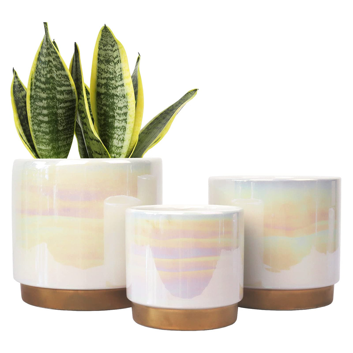 Gepege white indoor pot 6inch rainbow pearl glaze with drainage holes for healthy roots.