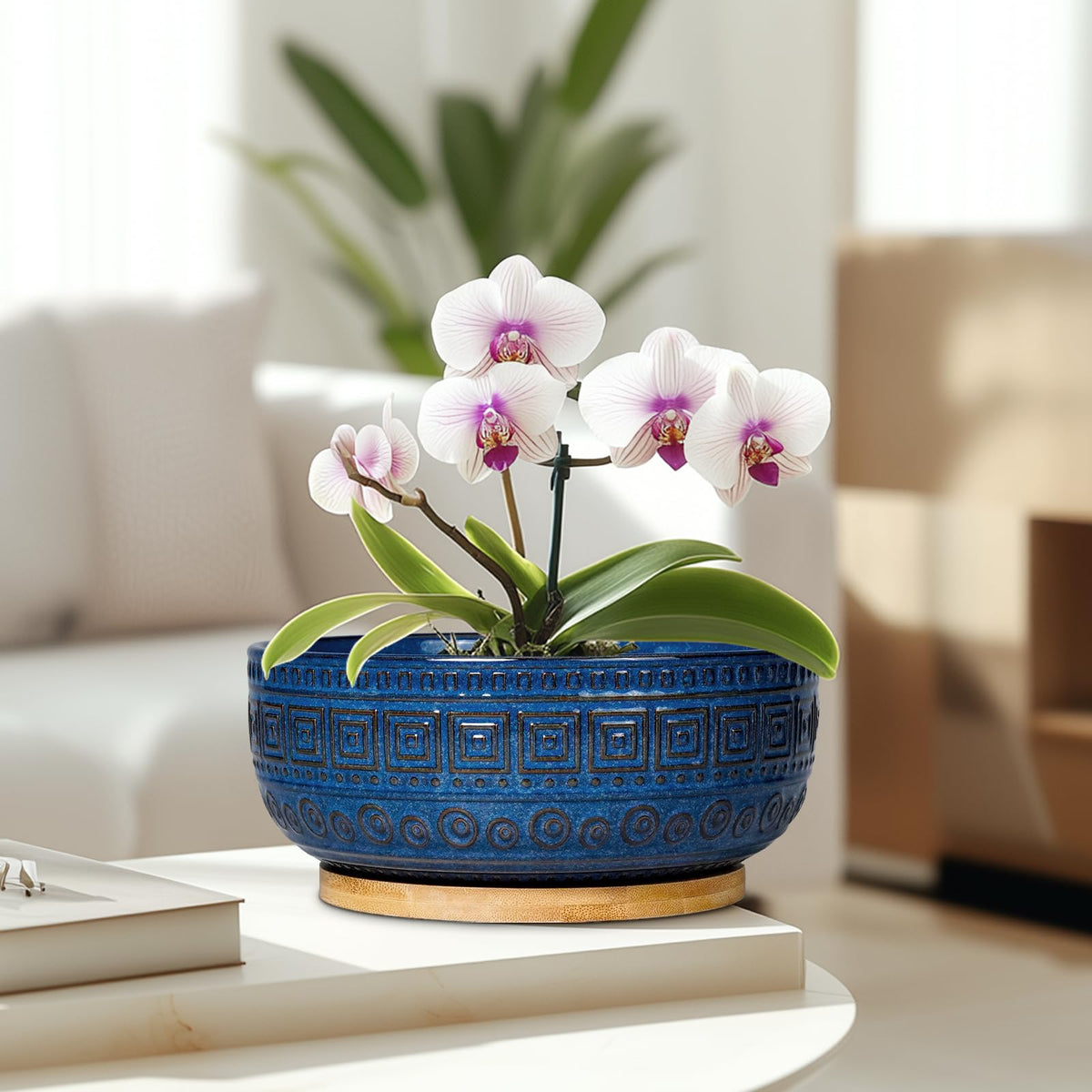 G EPGardening boho-pattern ceramic pot, raised square and circle details