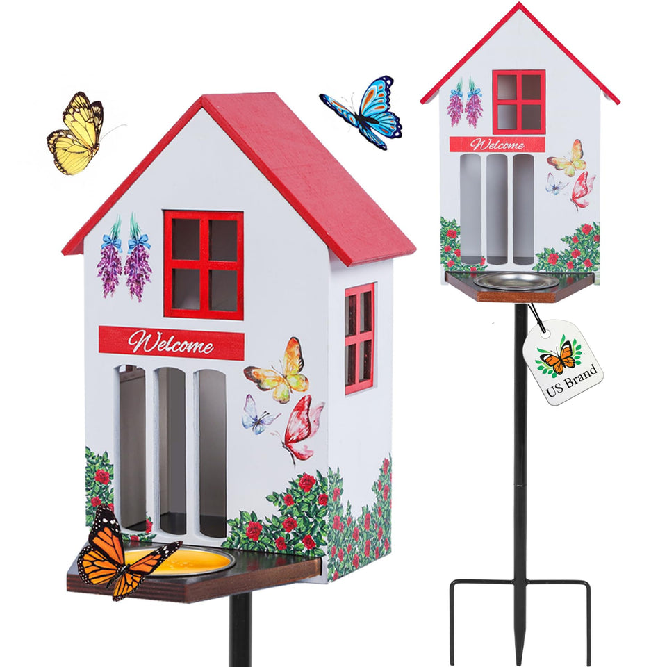 Gerani Design butterfly house feeder with nectar tray attracts pollinators outdoors.