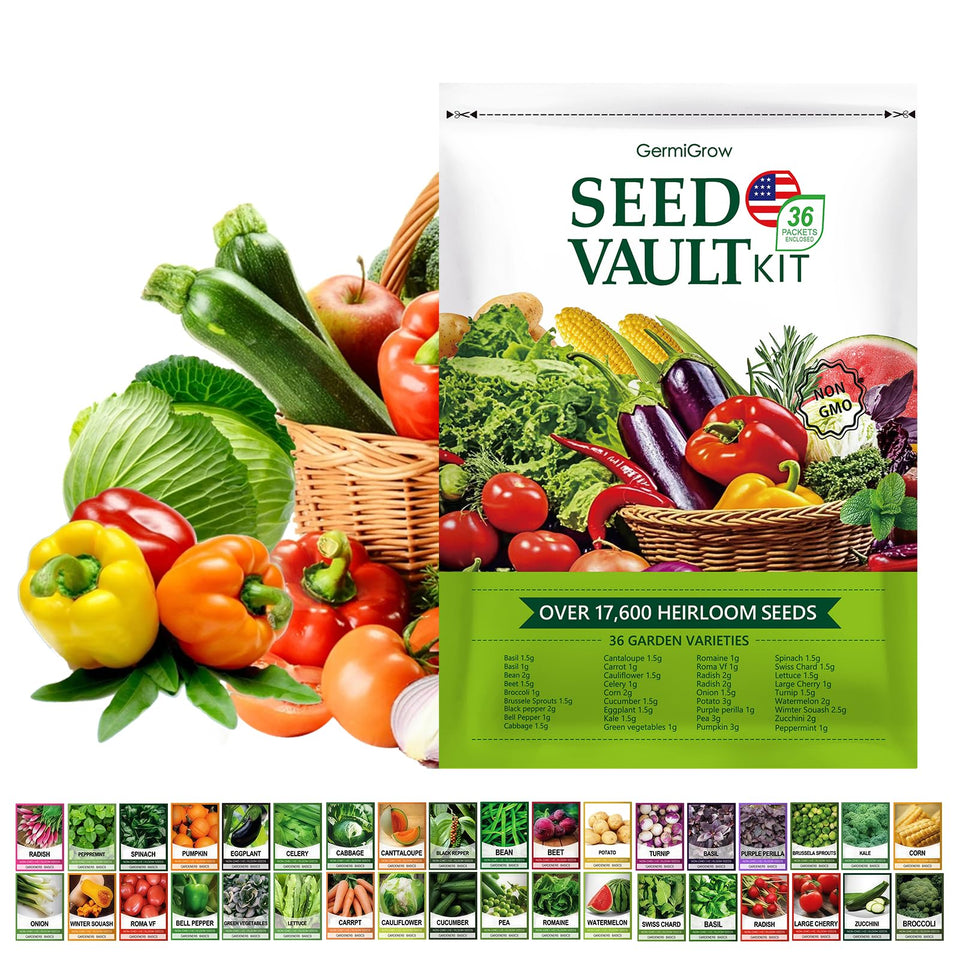 GermiGrow Survival Seed Vault Kit with 36 heirloom varieties for diverse, home gardening.