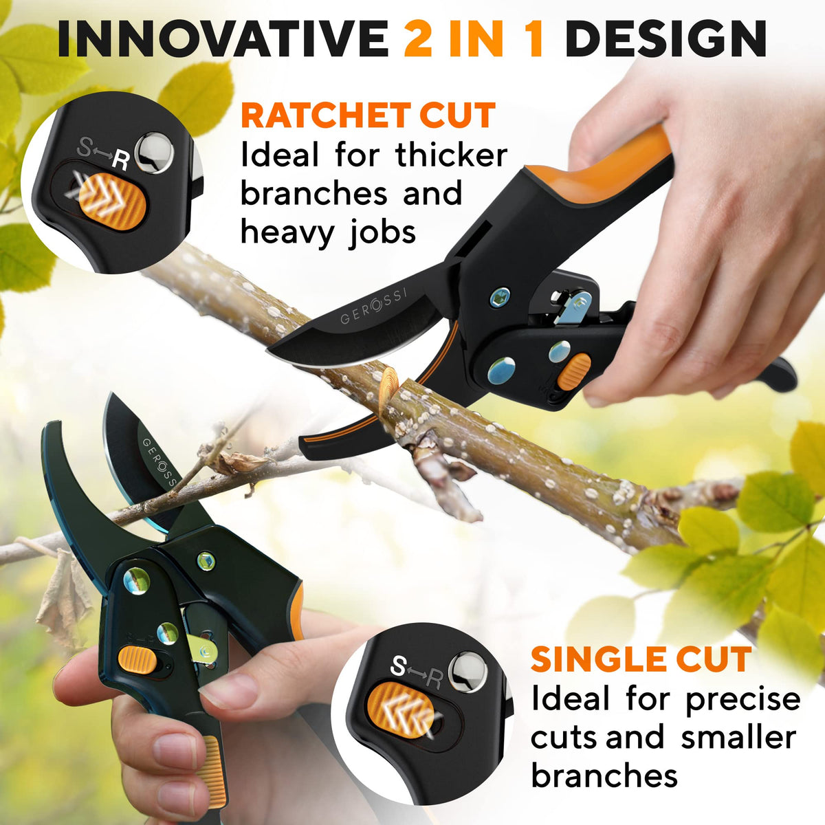 GEROSSI anvil cutting capacity handles three-quarter inch branches efficiently.
