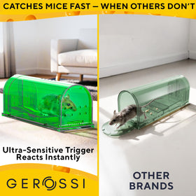 GEROSSI ultra-sensitive-trigger action traps mice quickly and humanely.