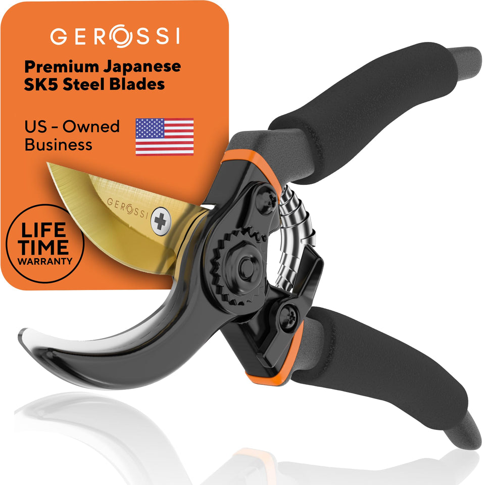GEROSSI pruning shears blade close-up with sharp SK5 edge for clean cuts