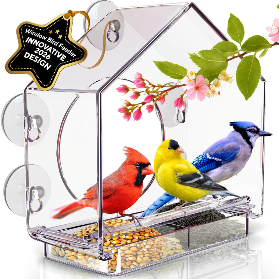 GEROSSI premium window bird feeder with large viewing window for up-close bird watching.