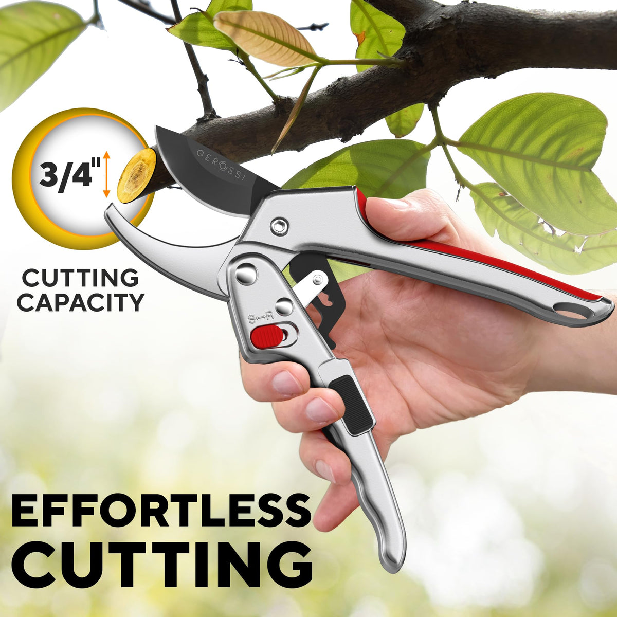 GEROSSI ratchet pruner with durable SK-5 blade to cut thick branches