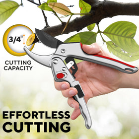 GEROSSI ratchet pruner with durable SK-5 blade to cut thick branches
