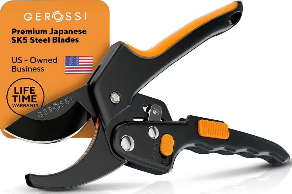GEROSSI ratchet pruning shears in use, 8 inch focus for easy garden pruning.