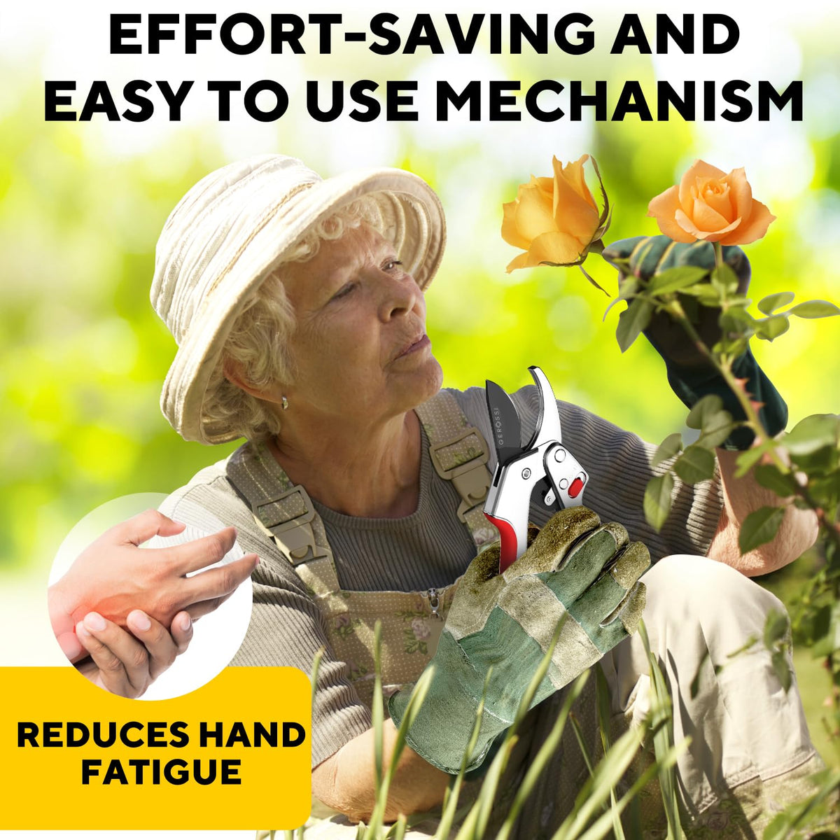 GEROSSI ergonomic grip reduces fatigue during long pruning sessions